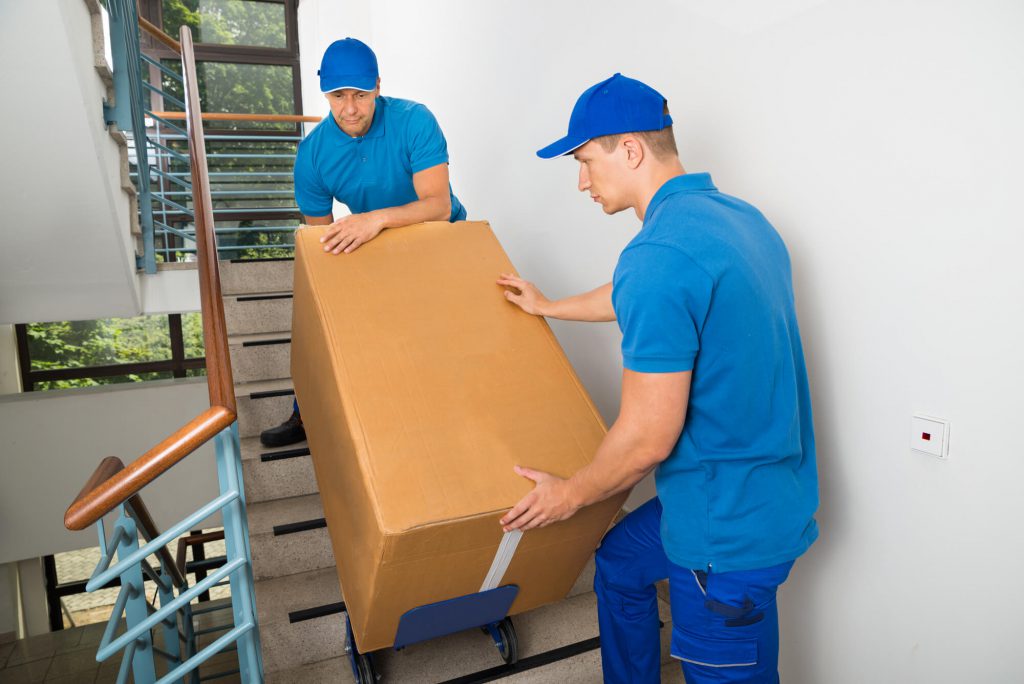 two office movers moving a box down the stairs
